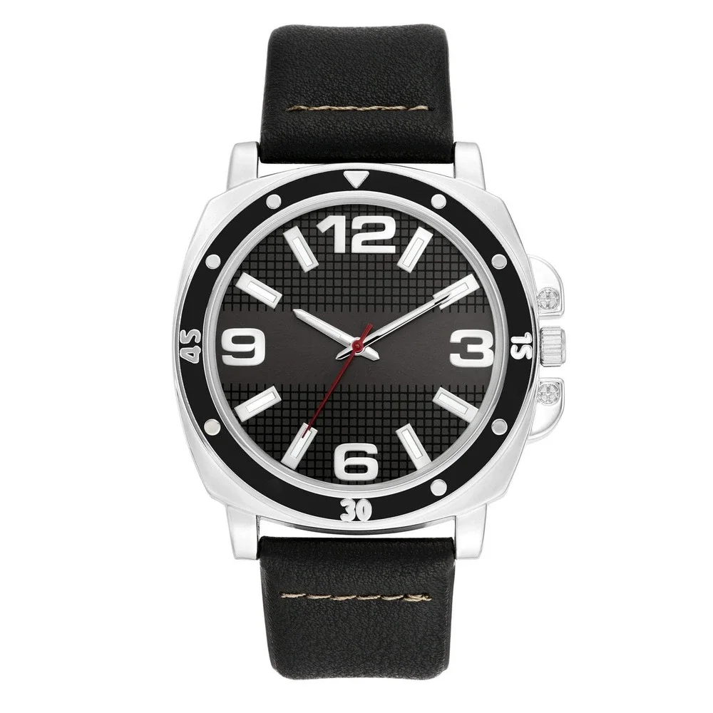 George Silver Tone Black Case Vegan Leather Strap Mens‎ Analog Watch NEW
